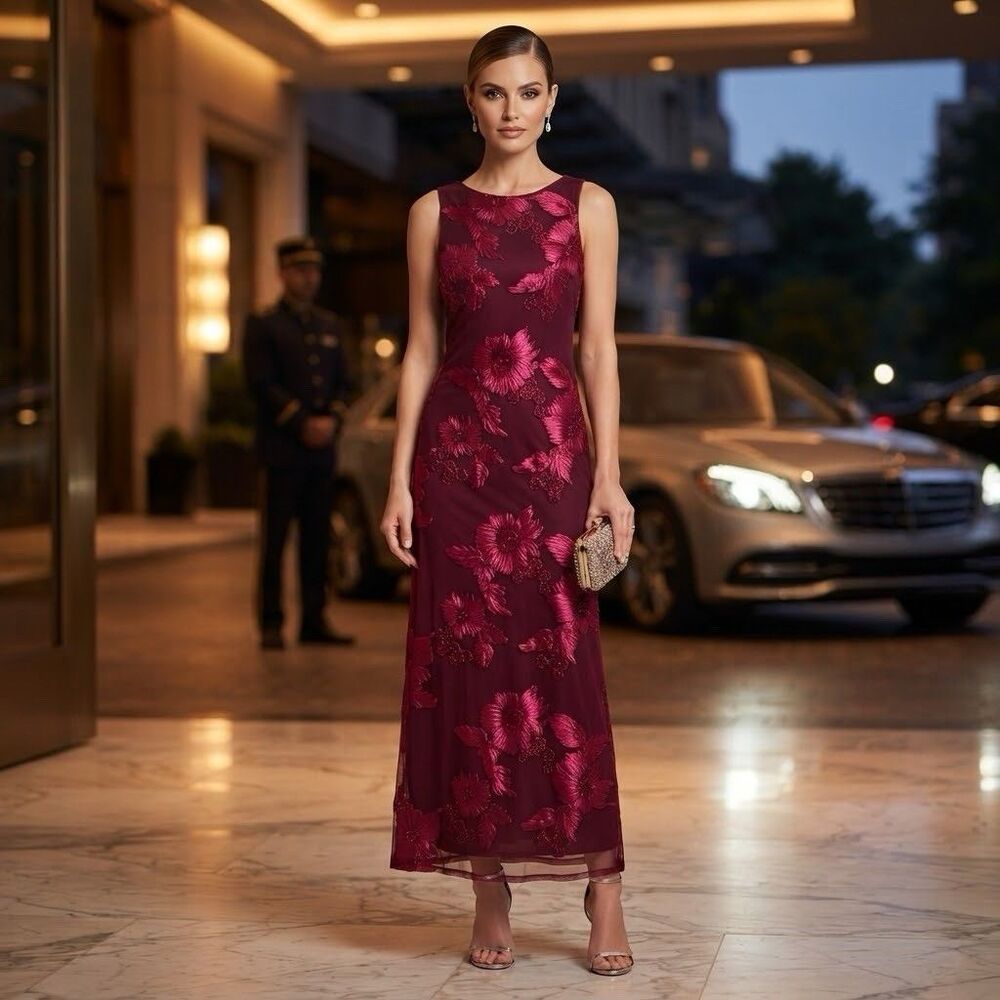 Thirty Burgundy Embellished Floral Mesh Maxi Dress sz L Fairy Cocktail Party NWT